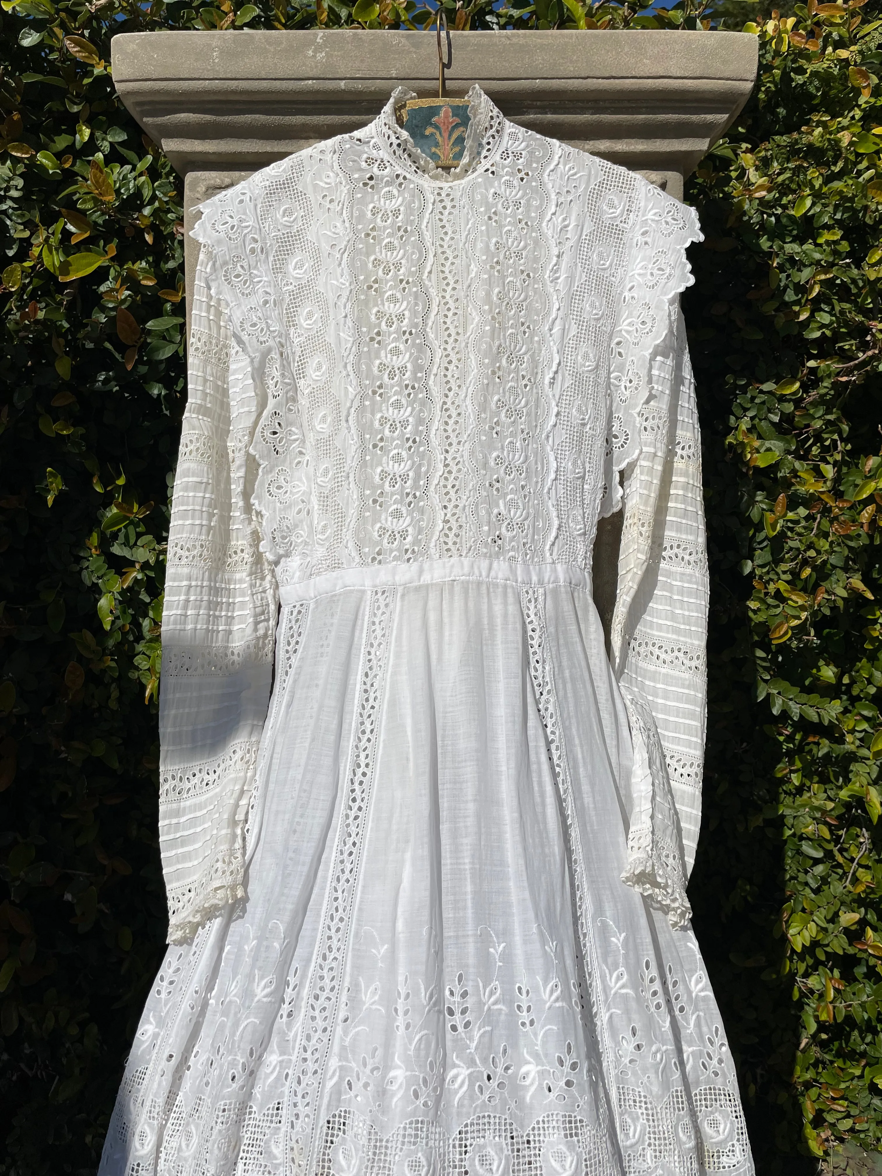 Victorian High Neck Cotton Lawn Lace Inset Dress