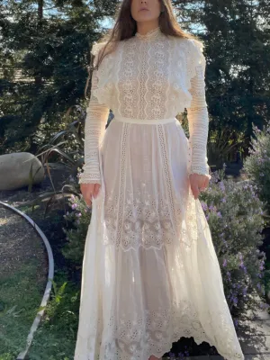 Victorian High Neck Cotton Lawn Lace Inset Dress