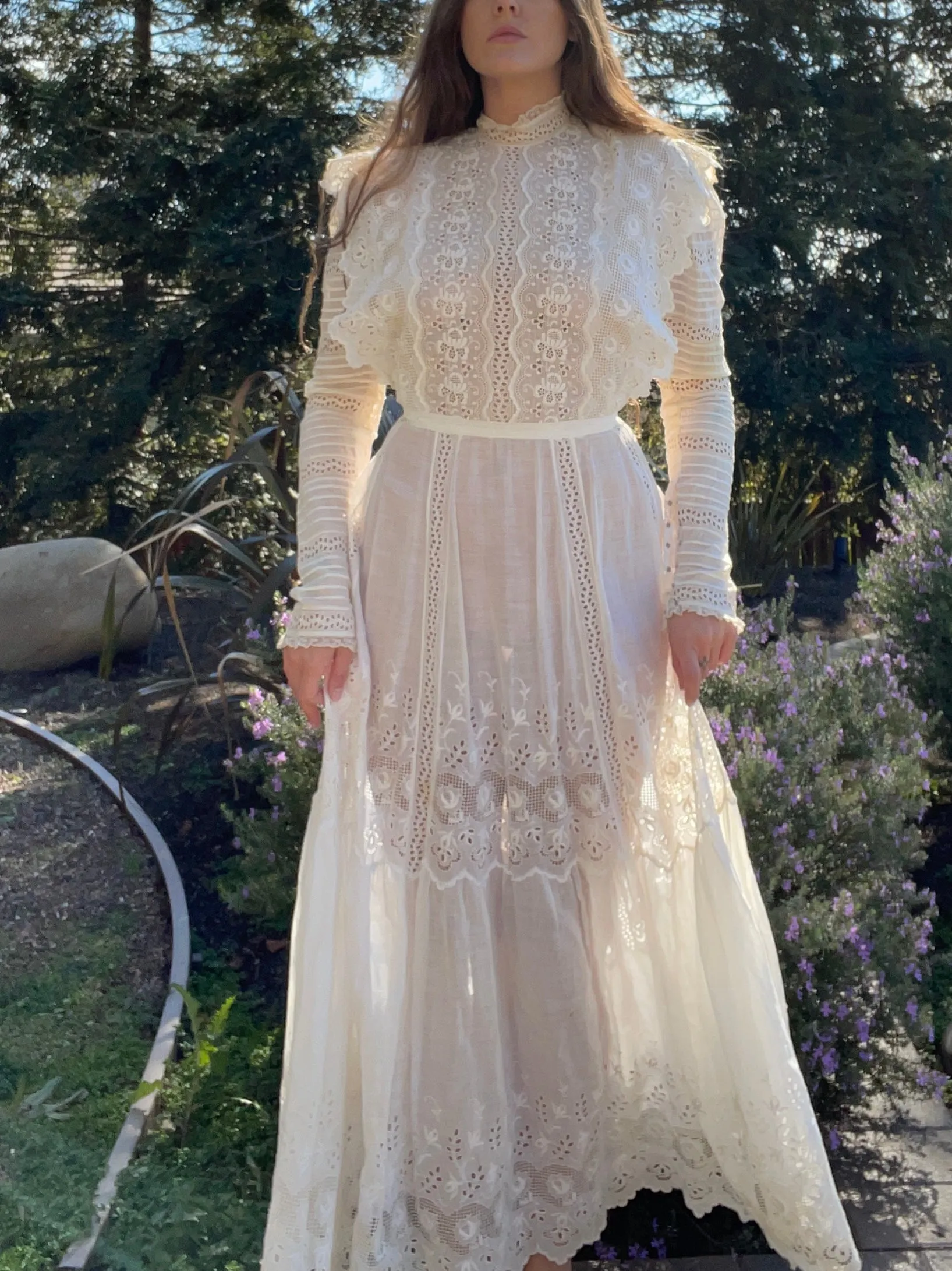 Victorian High Neck Cotton Lawn Lace Inset Dress