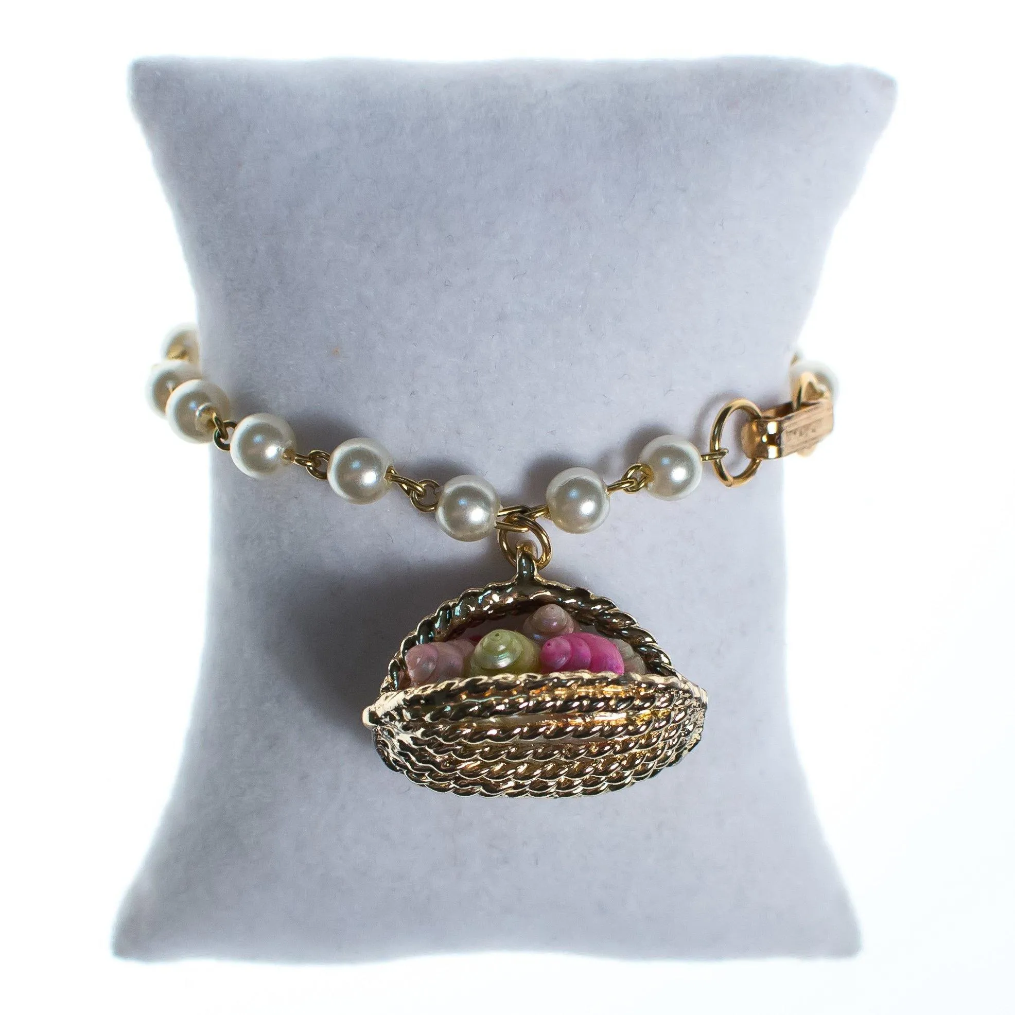 Vintage 1950s Basket of Shells Charm Pearl Charm Bracelet