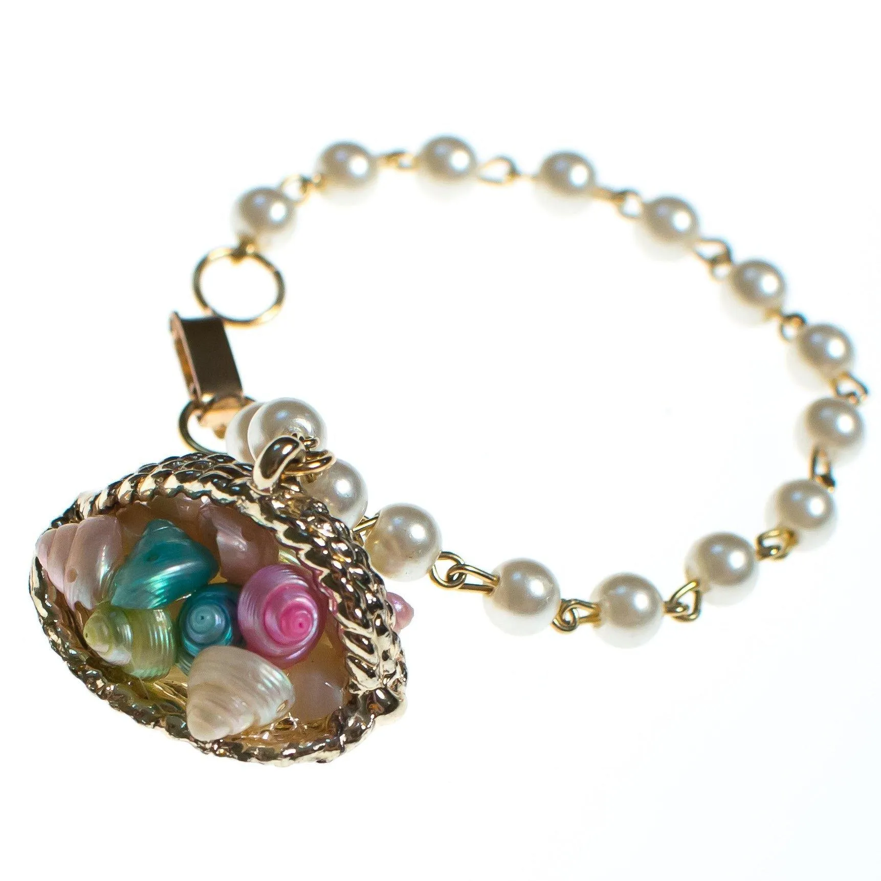 Vintage 1950s Basket of Shells Charm Pearl Charm Bracelet