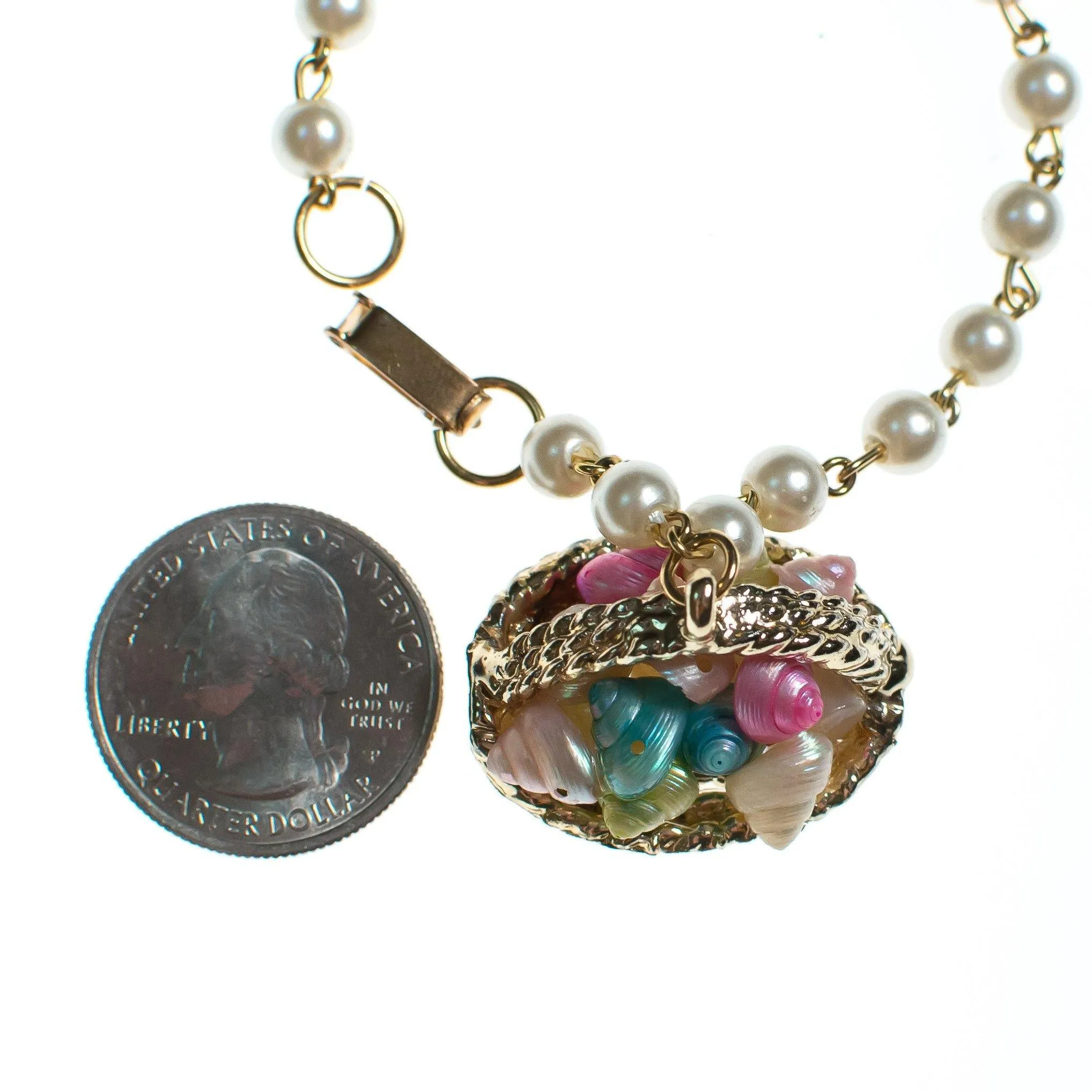 Vintage 1950s Basket of Shells Charm Pearl Charm Bracelet