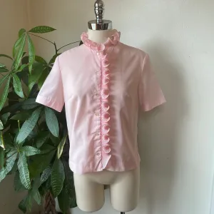 Vintage 50s 60s bubblegum pink blouse with curled ruffle detail // large