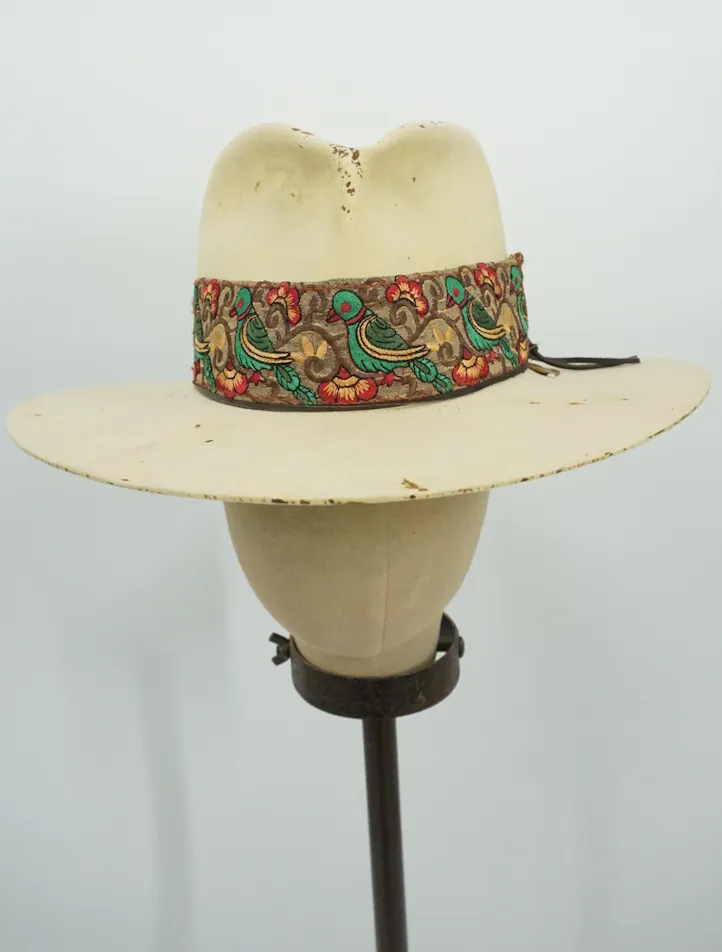 Vintage Distressed Hat Floral Bird Band 6-7/8