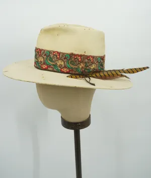 Vintage Distressed Hat Floral Bird Band 6-7/8