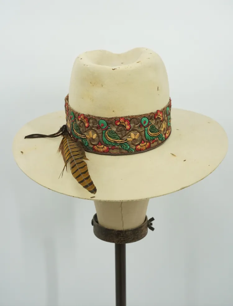 Vintage Distressed Hat Floral Bird Band 6-7/8