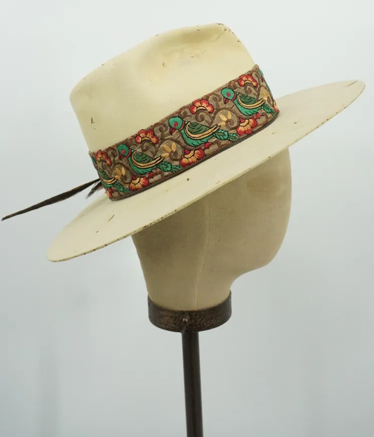 Vintage Distressed Hat Floral Bird Band 6-7/8