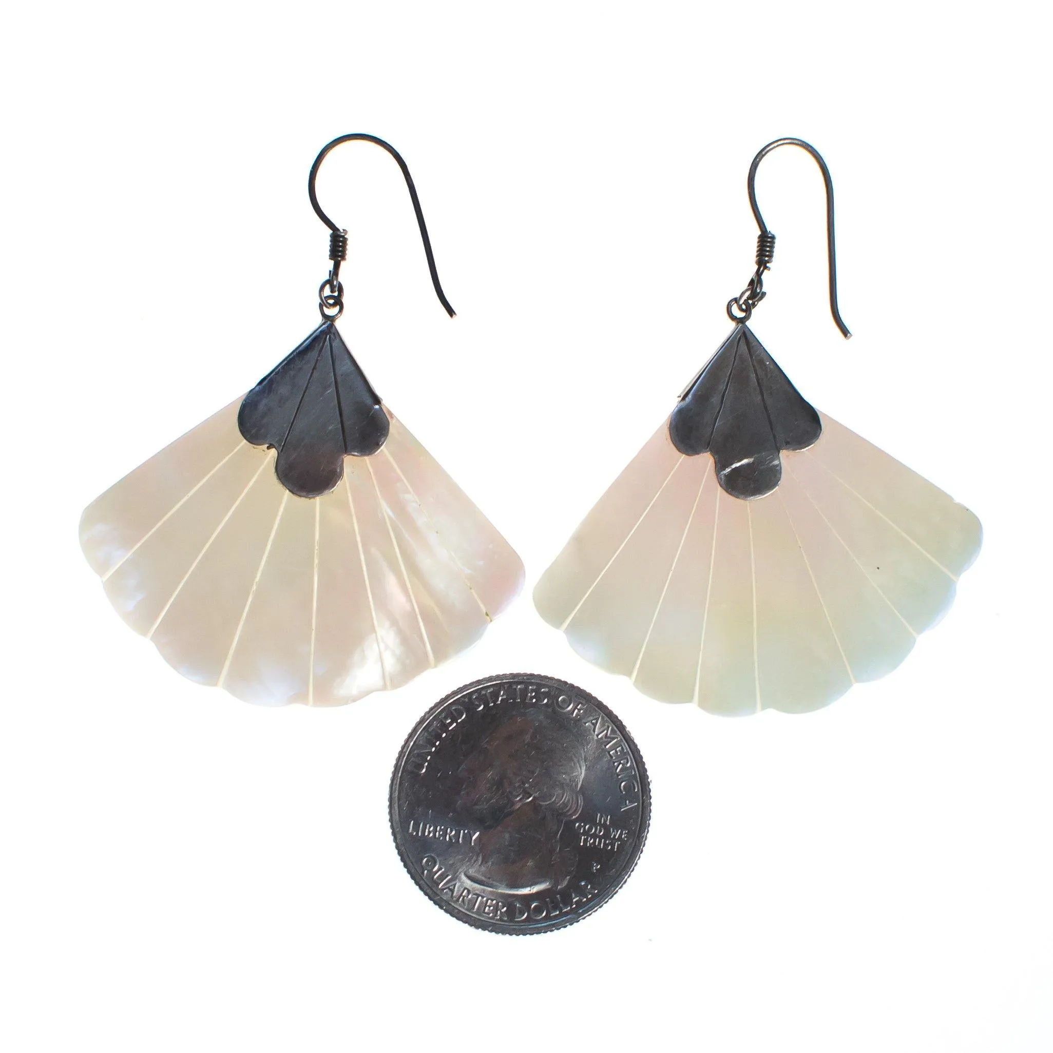 Vintage Mother of Pearl Fan Dangling Earrings with Sterling Silver