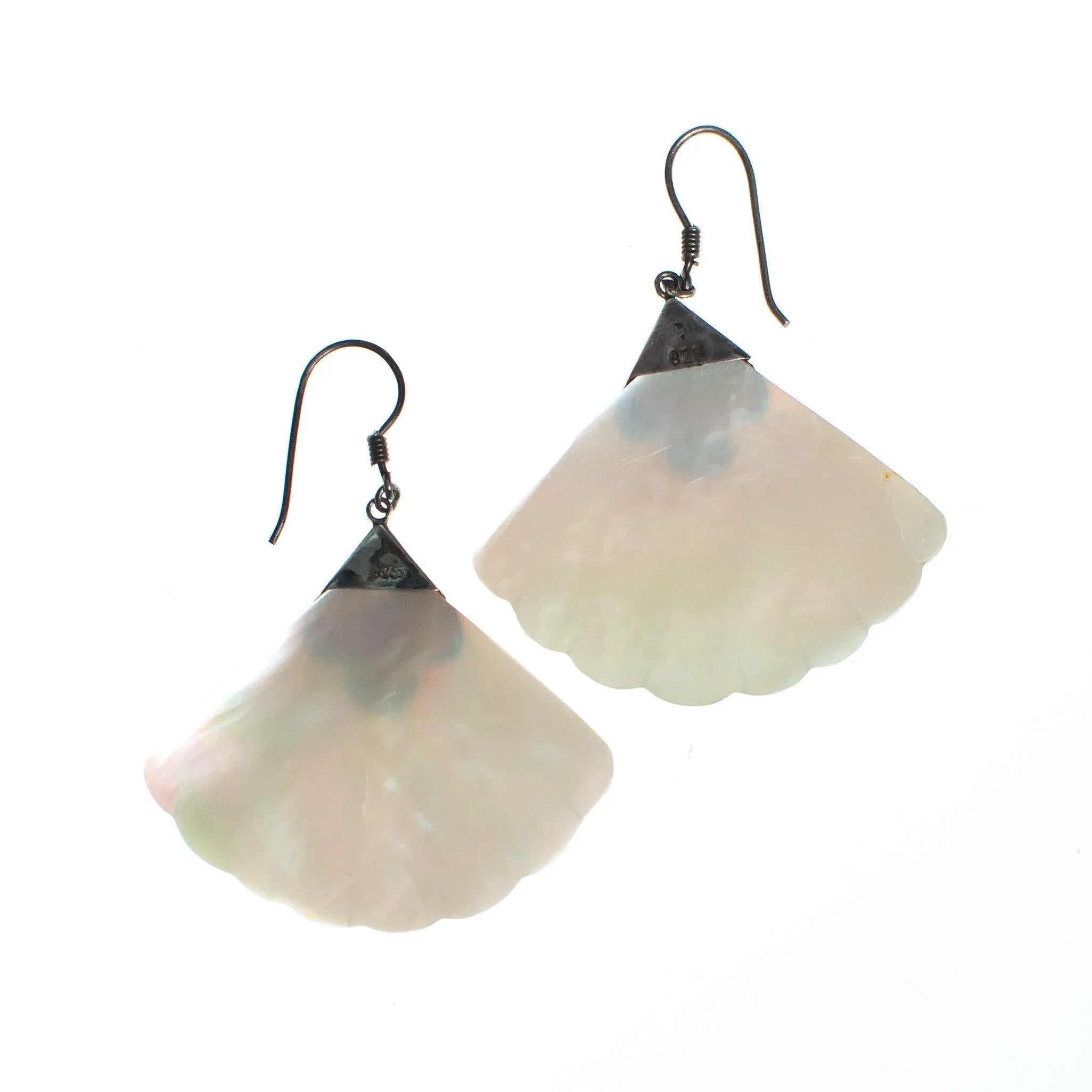 Vintage Mother of Pearl Fan Dangling Earrings with Sterling Silver