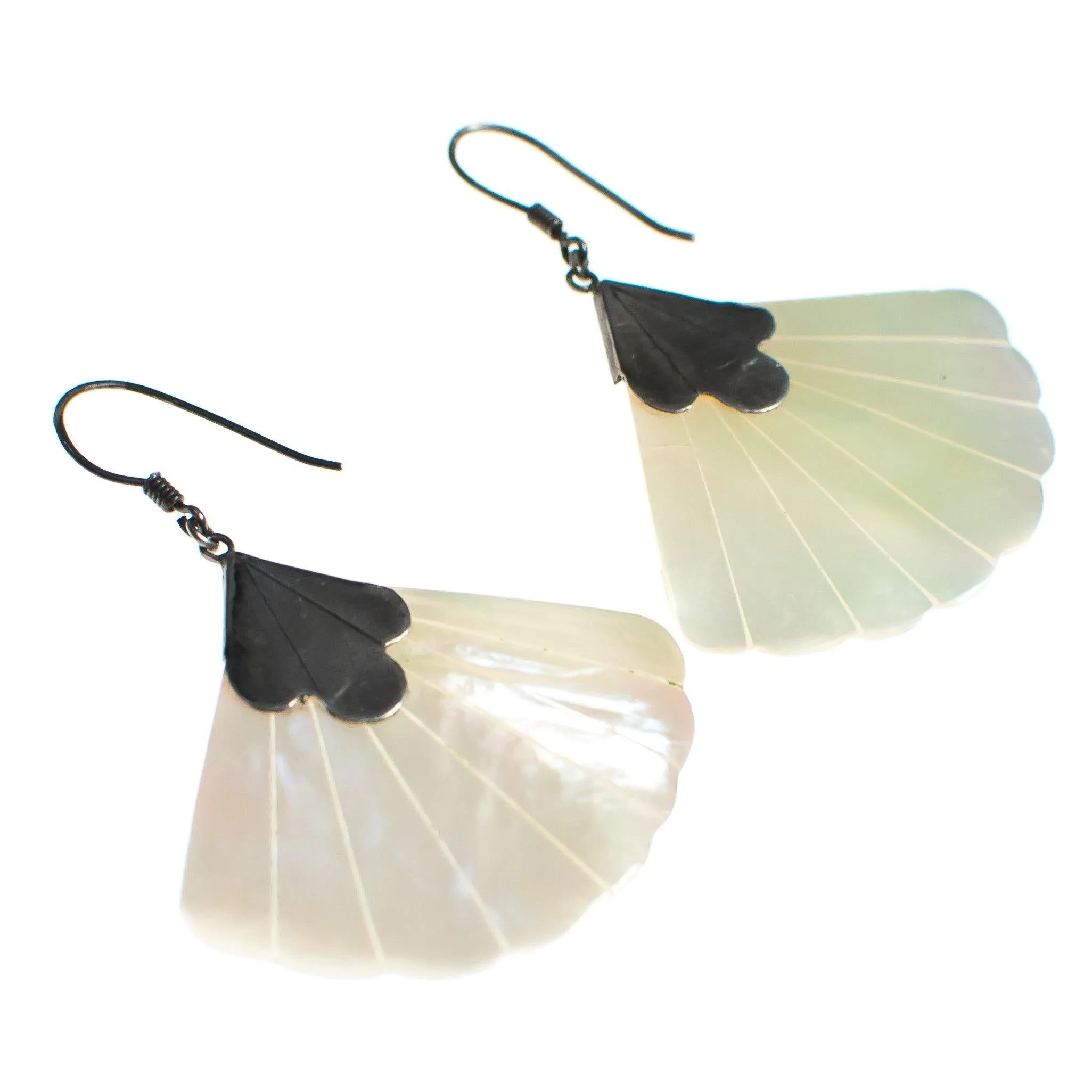 Vintage Mother of Pearl Fan Dangling Earrings with Sterling Silver