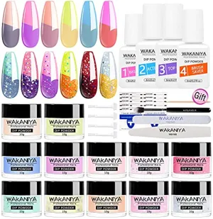 wakaniya Dip Powder Kit Bundle-48Pcs Dip Powder Nail Kit, 24 Colors Changing Pure and Glitter Dipping Powder Kit for Starter and Professionals Home Salon DIY