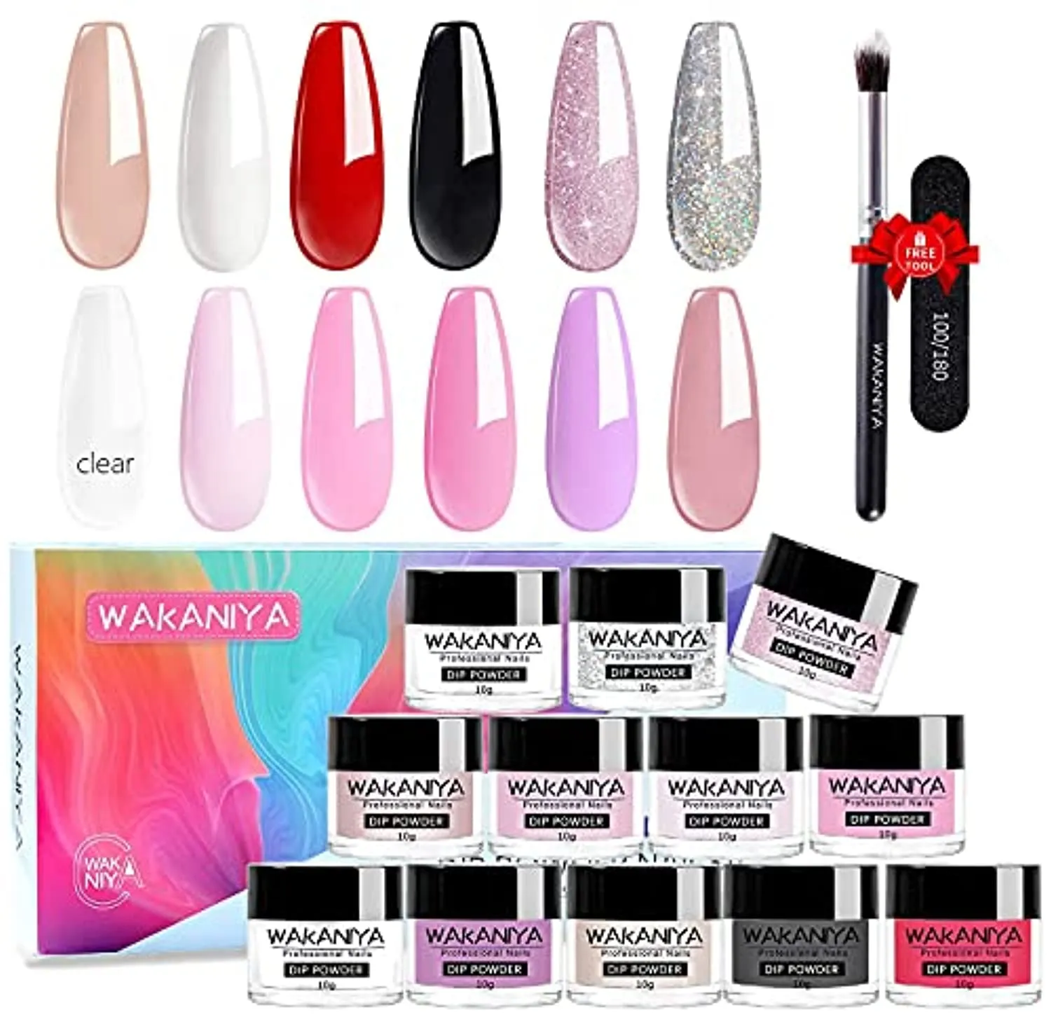 wakaniya Dip Powder Kit Bundle-48Pcs Dip Powder Nail Kit, 24 Colors Changing Pure and Glitter Dipping Powder Kit for Starter and Professionals Home Salon DIY