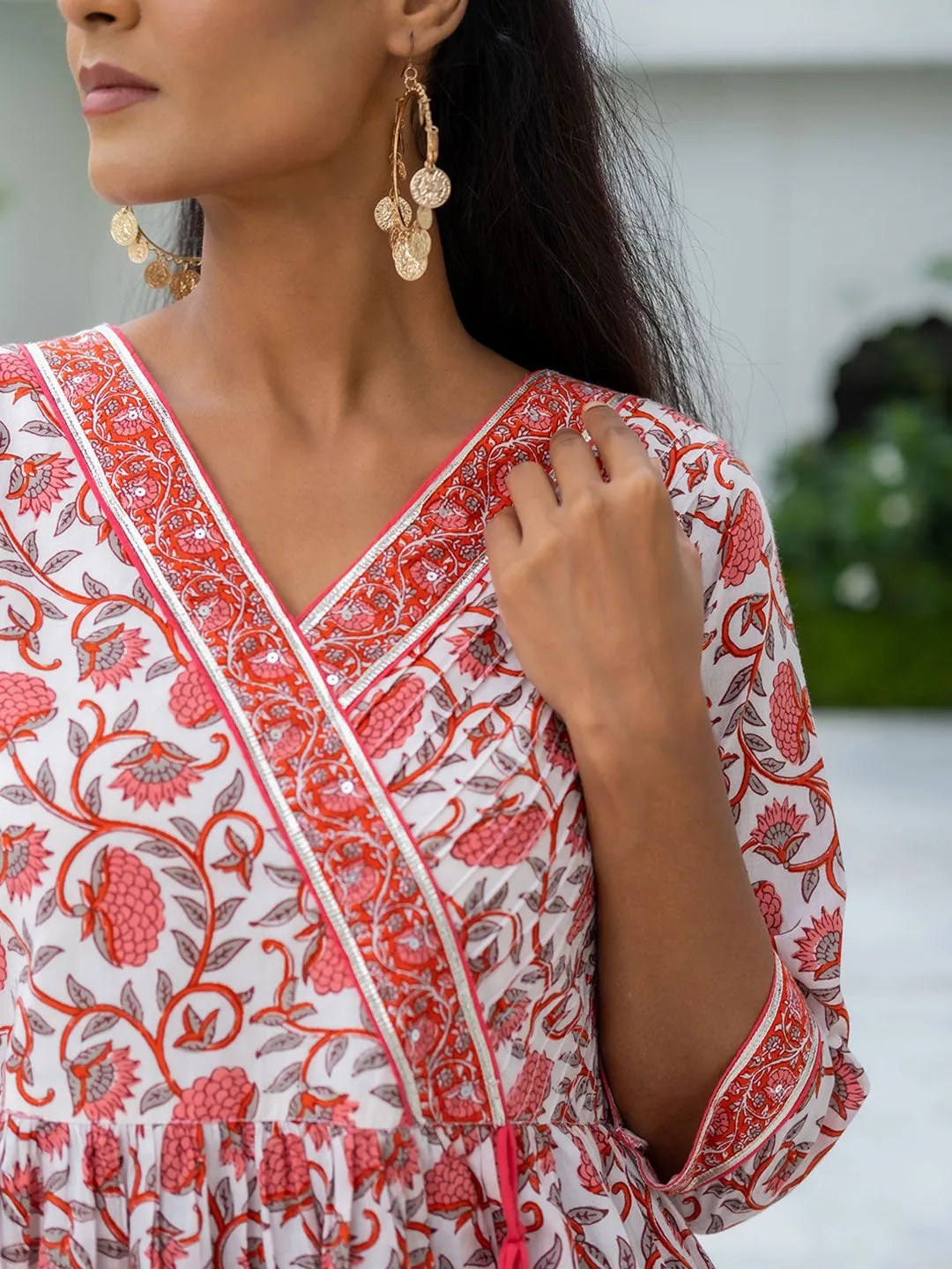 White Angrakha Styled Ethnic Print Cotton Kurta