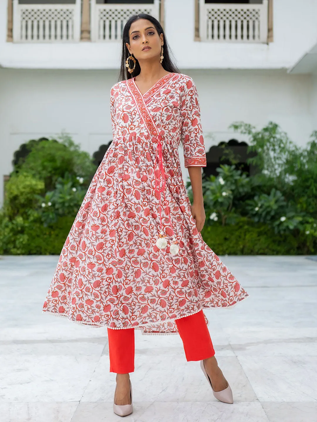 White Angrakha Styled Ethnic Print Cotton Kurta