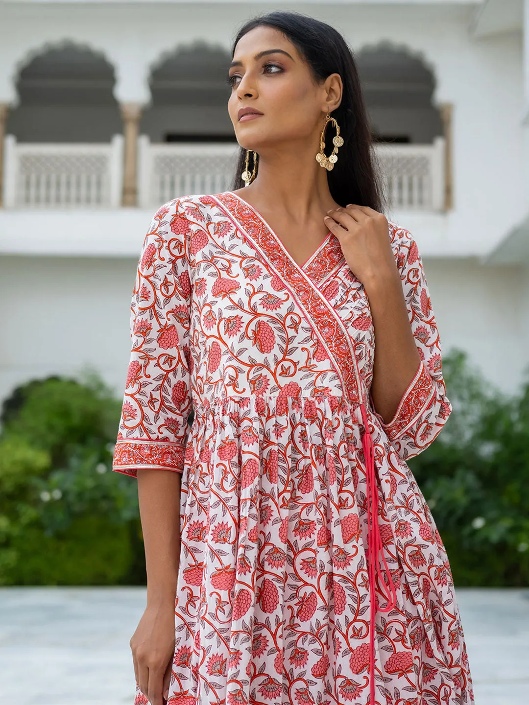 White Angrakha Styled Ethnic Print Cotton Kurta