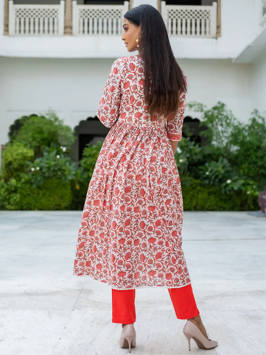 White Angrakha Styled Ethnic Print Cotton Kurta