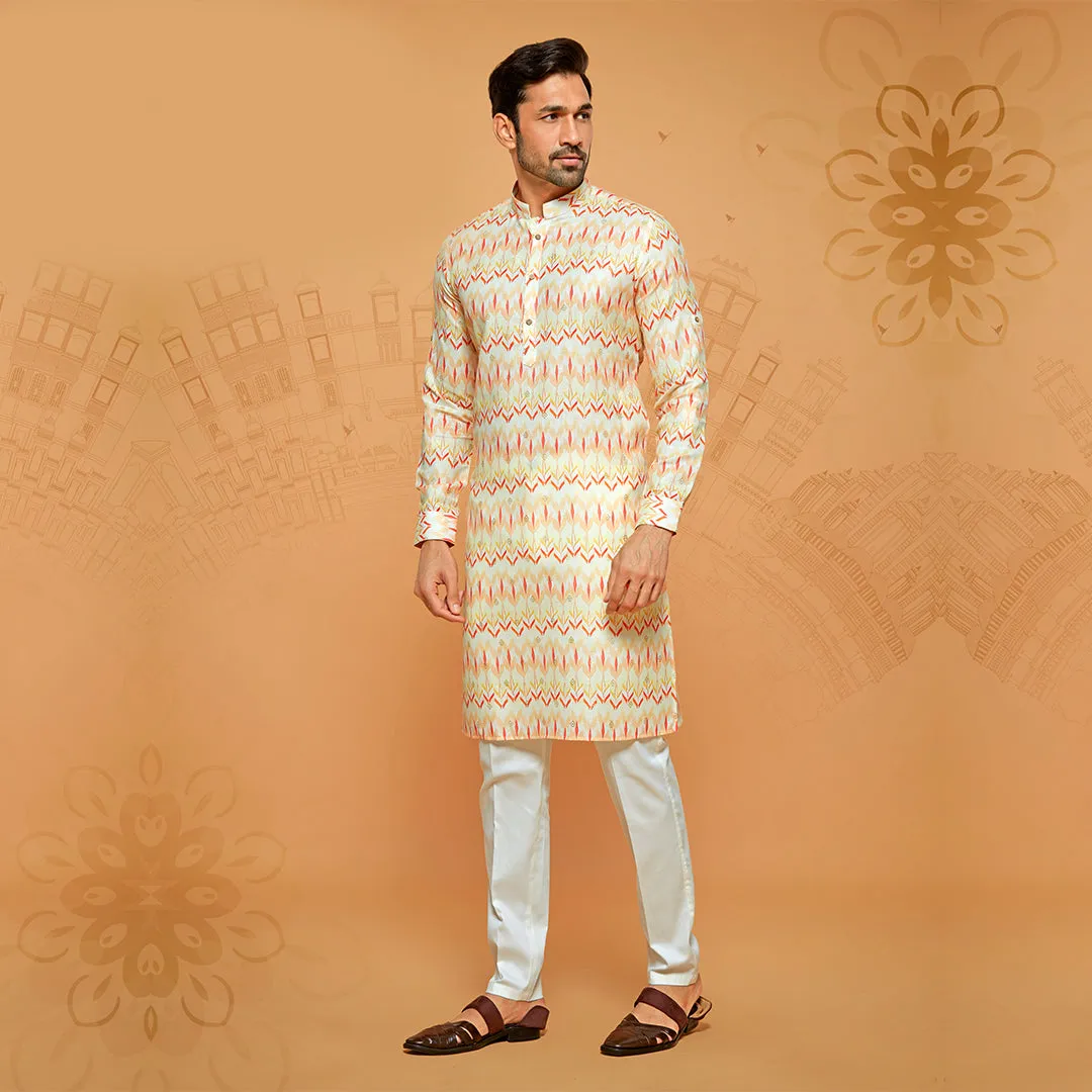 White Cotton Rich Kurta With Yellow Zig Zag Print
