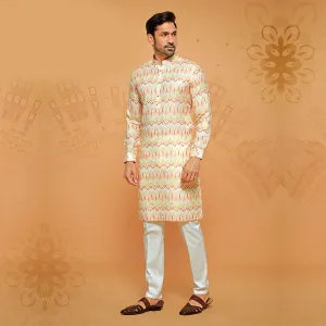White Cotton Rich Kurta With Yellow Zig Zag Print