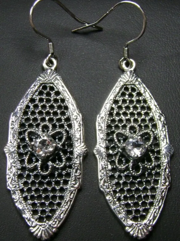 White CZ Earrings, Flower Star Earrings, Round Gems, Vintage Jewelry Design#E20
