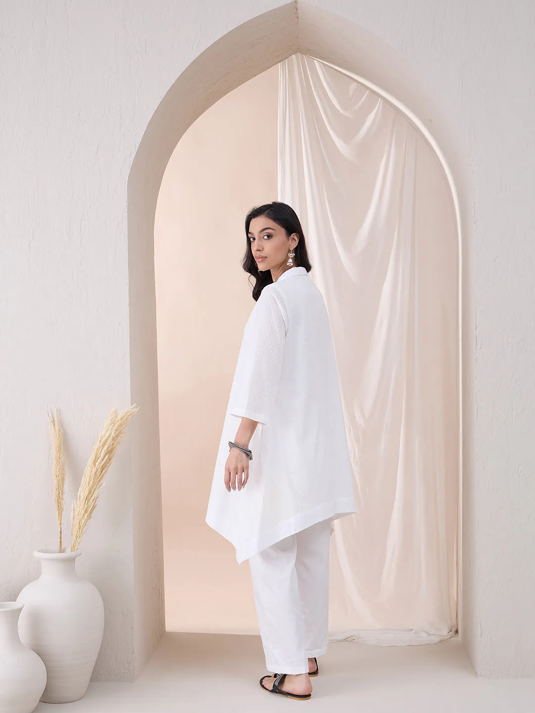White Dobby High Low Tunic With Straight Pant