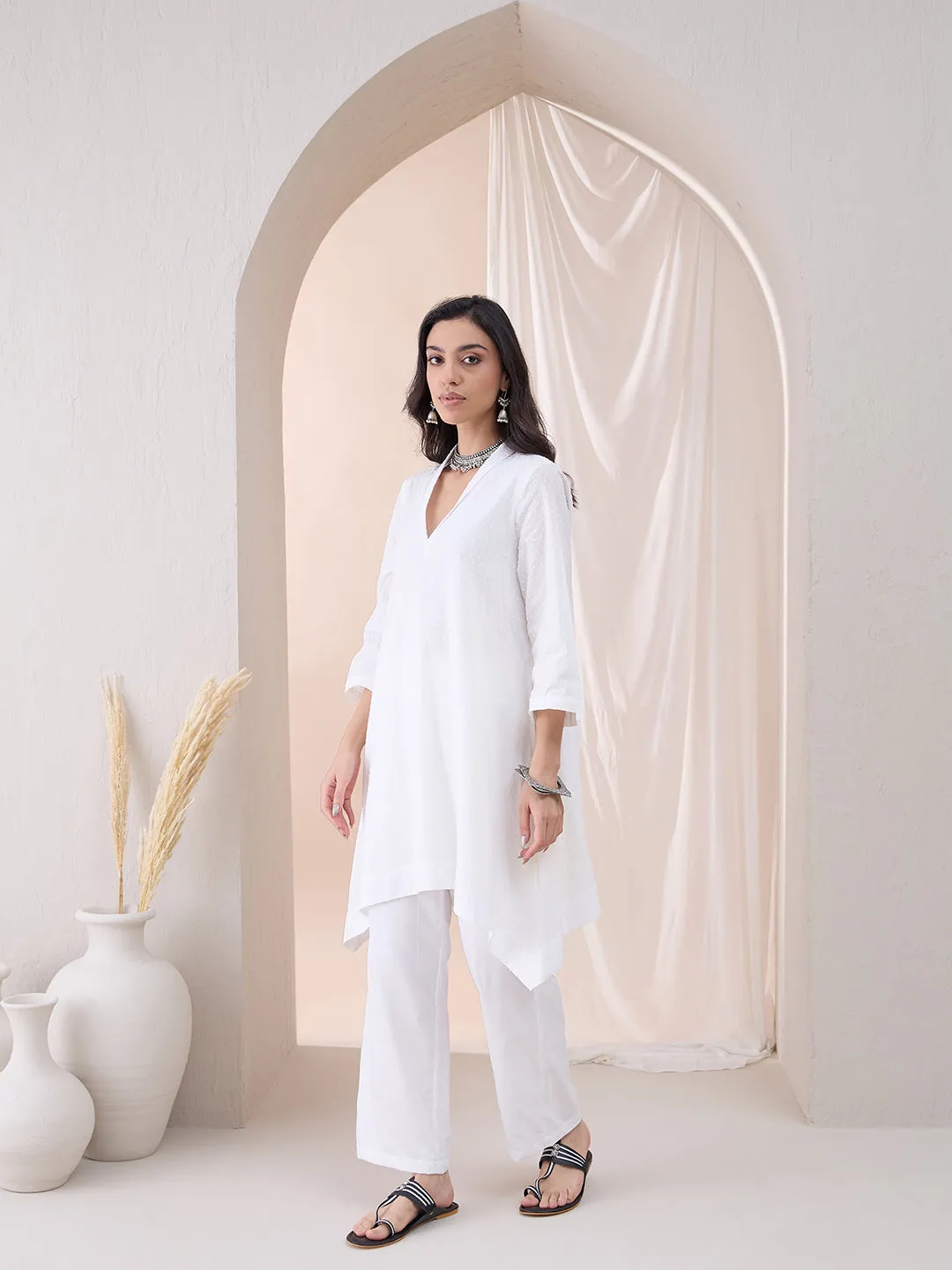 White Dobby High Low Tunic With Straight Pant