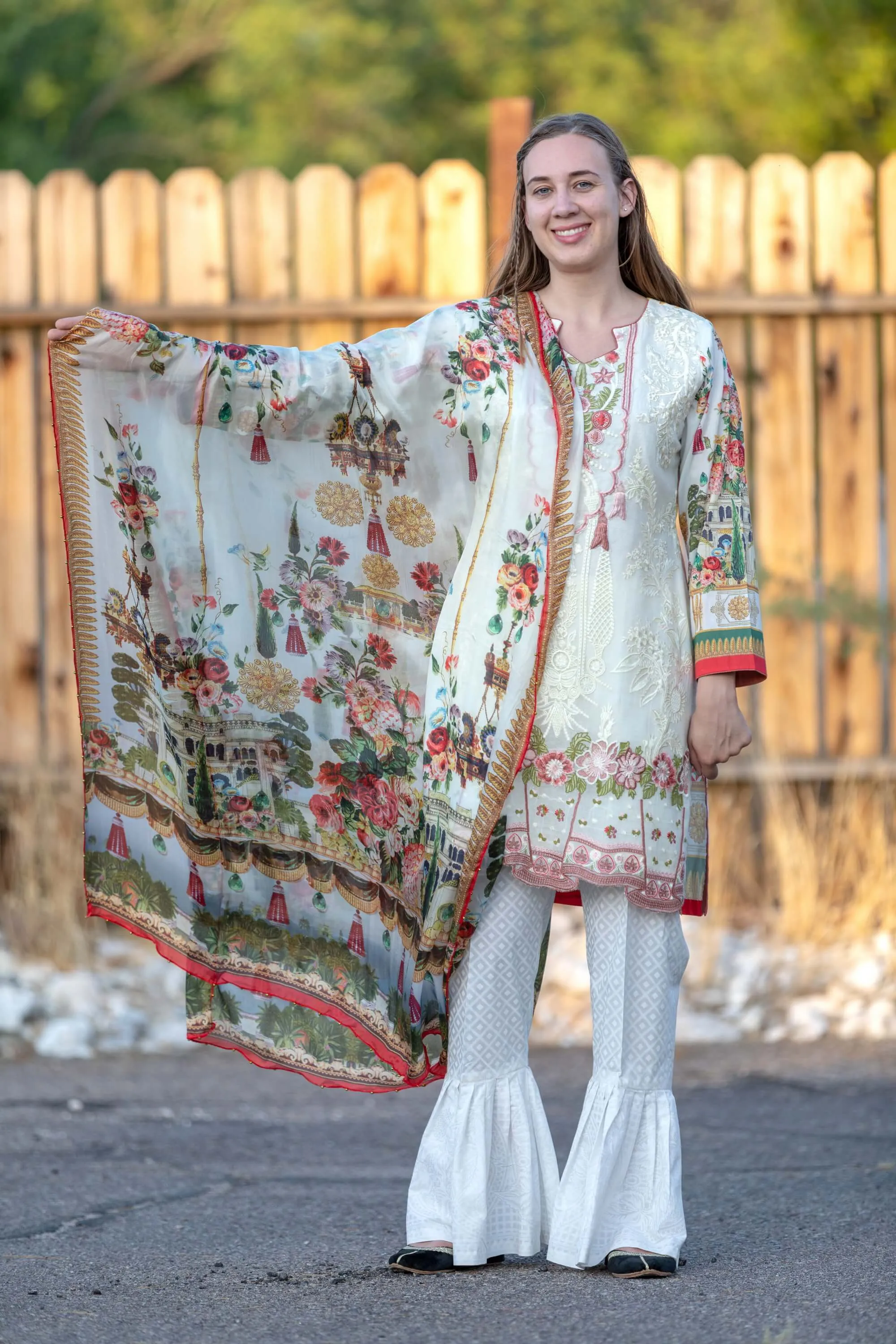 White Floral Embroidered Suit, Pant, Shirt, Shawl