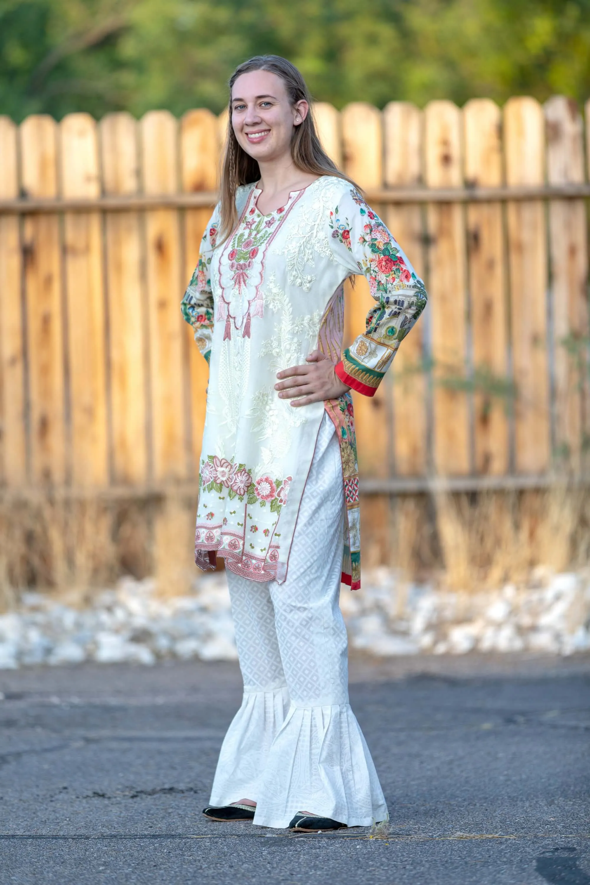 White Floral Embroidered Suit, Pant, Shirt, Shawl