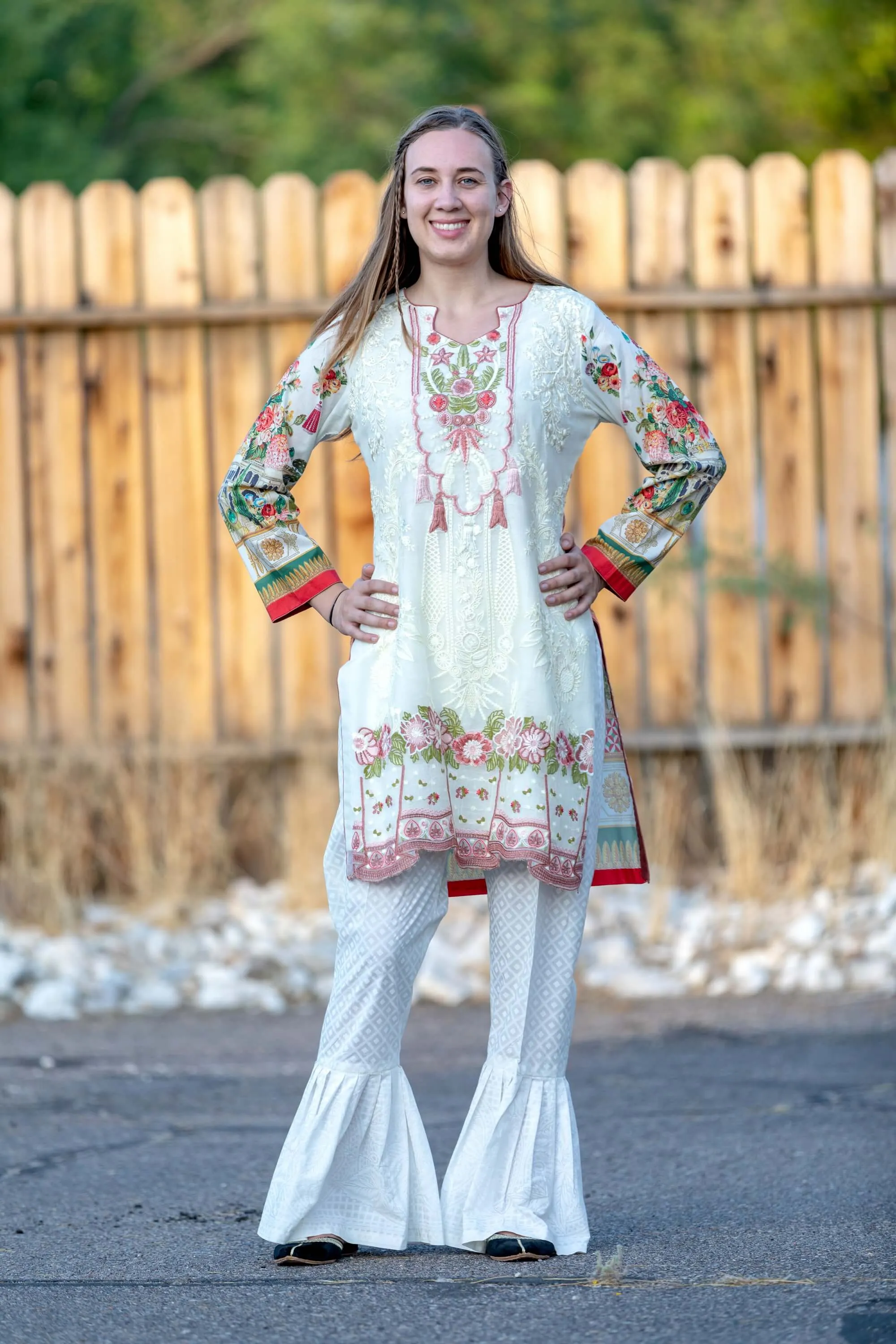 White Floral Embroidered Suit, Pant, Shirt, Shawl