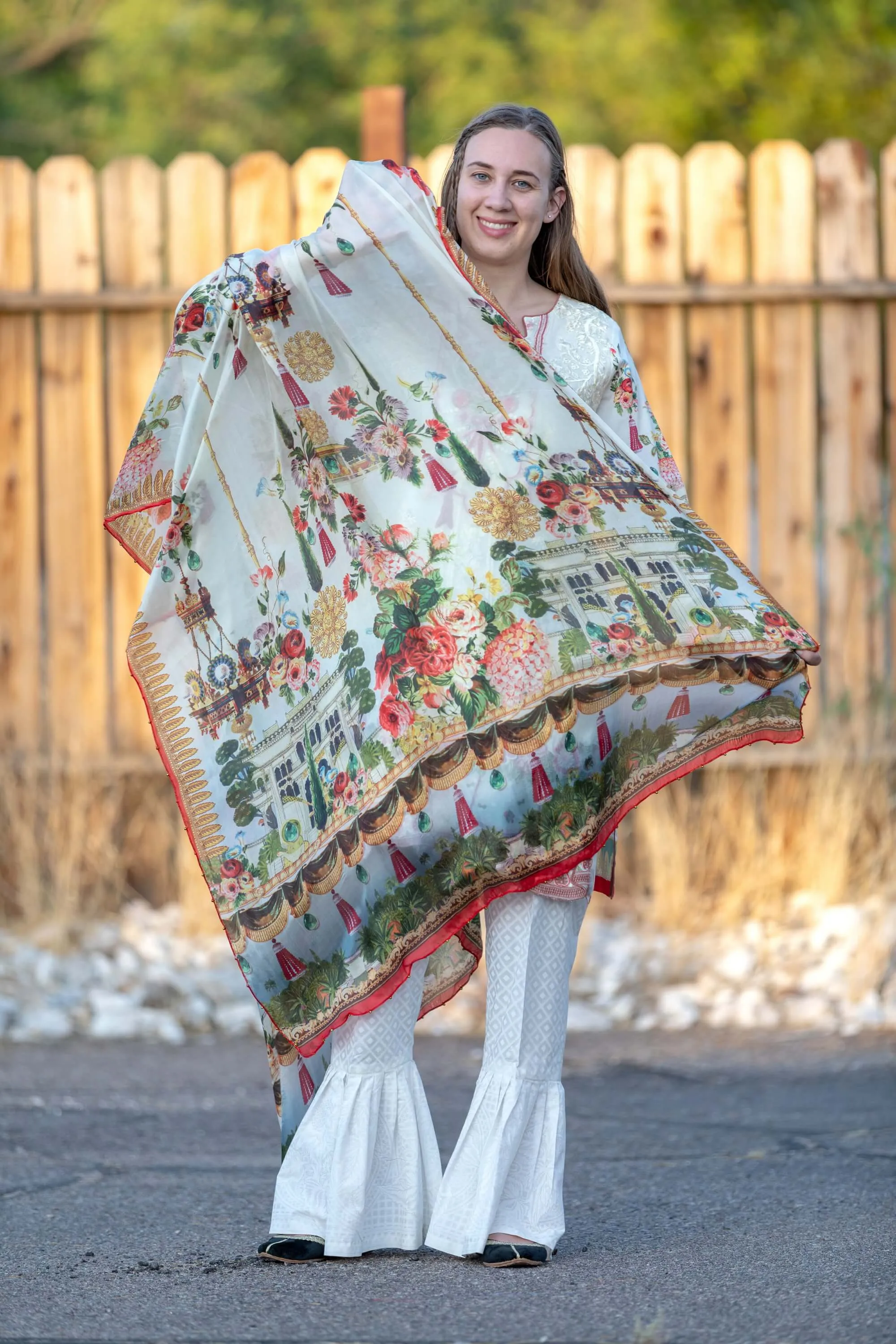 White Floral Embroidered Suit, Pant, Shirt, Shawl