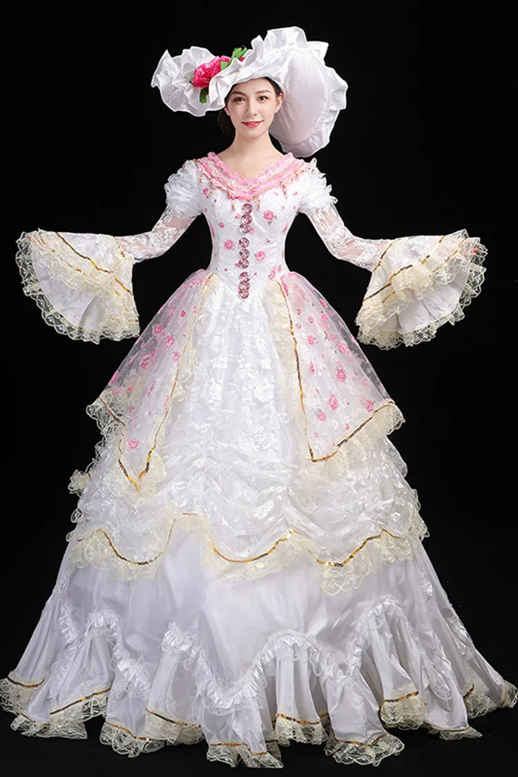 White Hime Sleeves High Waisted Lace Stitching Flower Print Victorian Lolita Prom Tiered Dress
