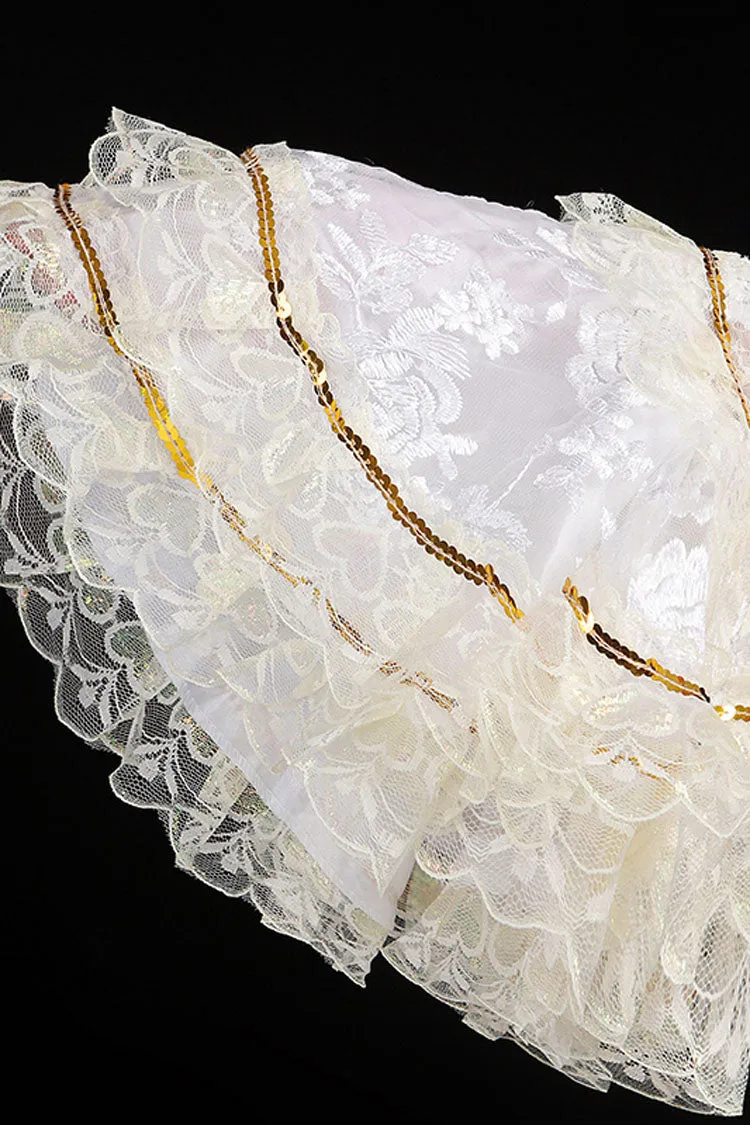 White Hime Sleeves High Waisted Lace Stitching Flower Print Victorian Lolita Prom Tiered Dress