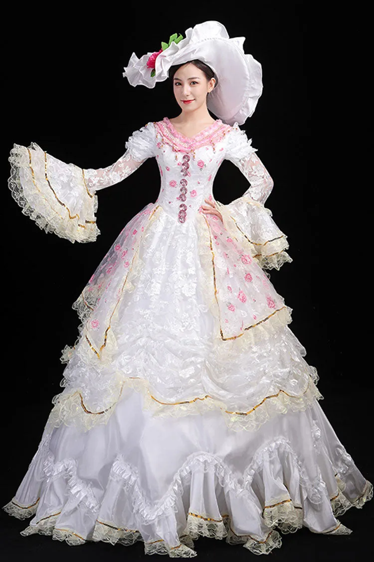 White Hime Sleeves High Waisted Lace Stitching Flower Print Victorian Lolita Prom Tiered Dress