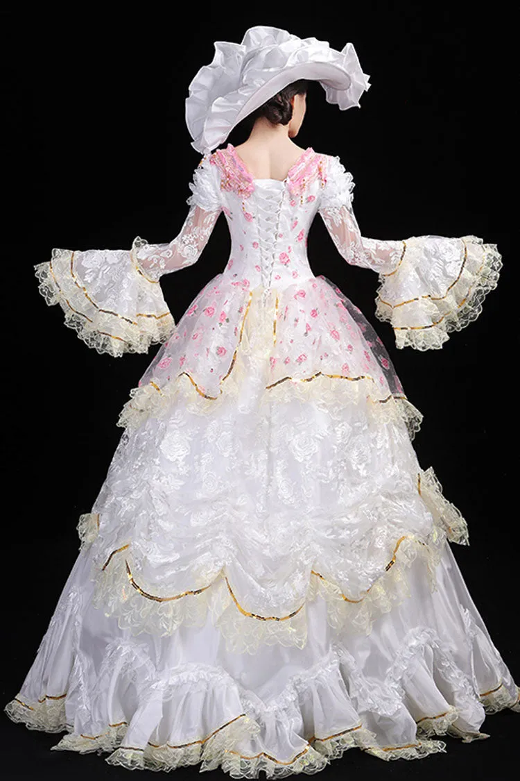 White Hime Sleeves High Waisted Lace Stitching Flower Print Victorian Lolita Prom Tiered Dress