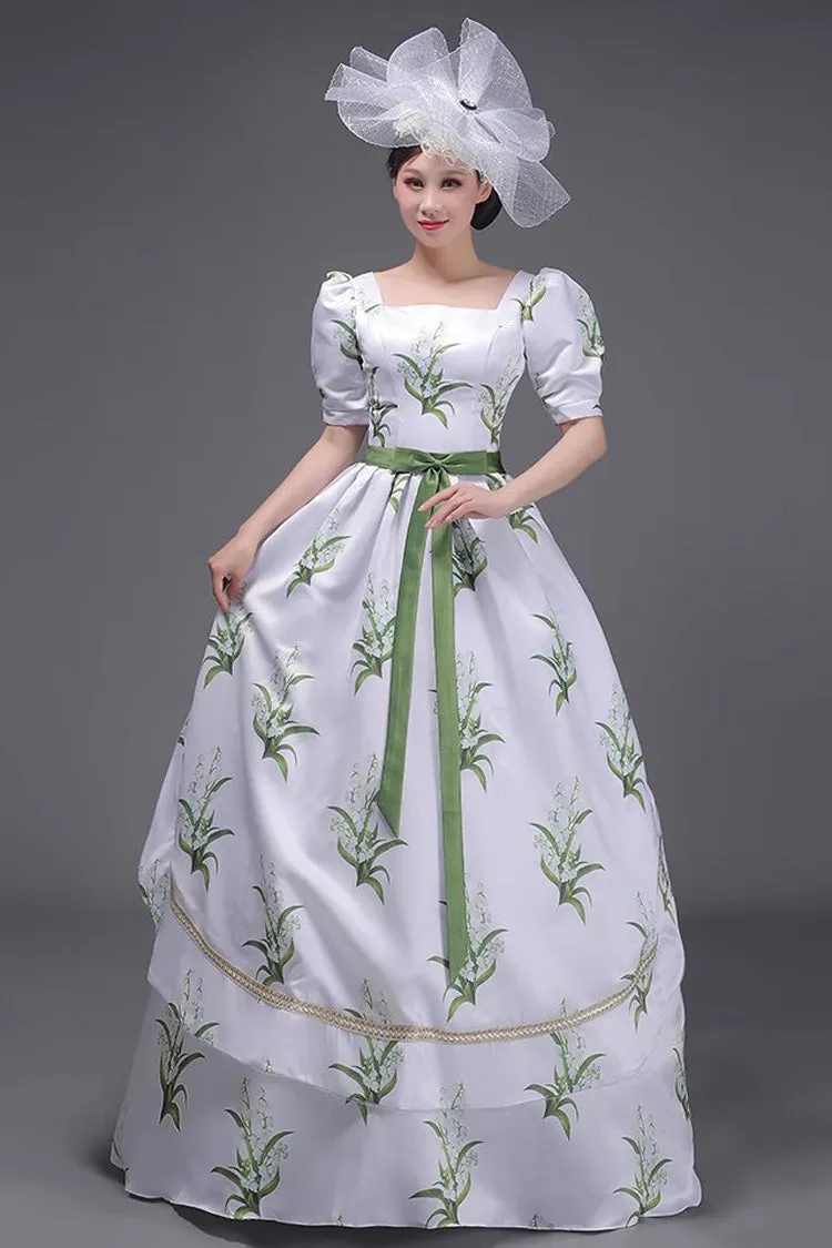 White/Green European Court Short Sleeves Flowers Grass Print Sweet Vintage Victorian Dress