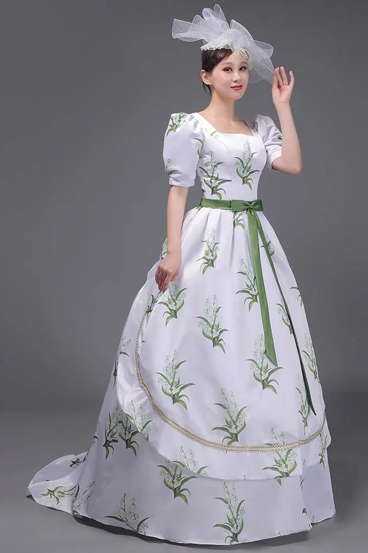 White/Green European Court Short Sleeves Flowers Grass Print Sweet Vintage Victorian Dress