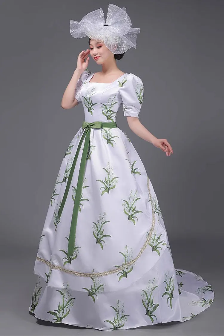 White/Green European Court Short Sleeves Flowers Grass Print Sweet Vintage Victorian Dress