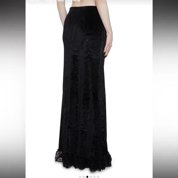 Widow X Dolls Kill Black Velvet Veiled Sorrows Ruffle Lace Gothic Maxi Skirt XXL