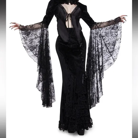 Widow X Dolls Kill Black Velvet Veiled Sorrows Ruffle Lace Gothic Maxi Skirt XXL