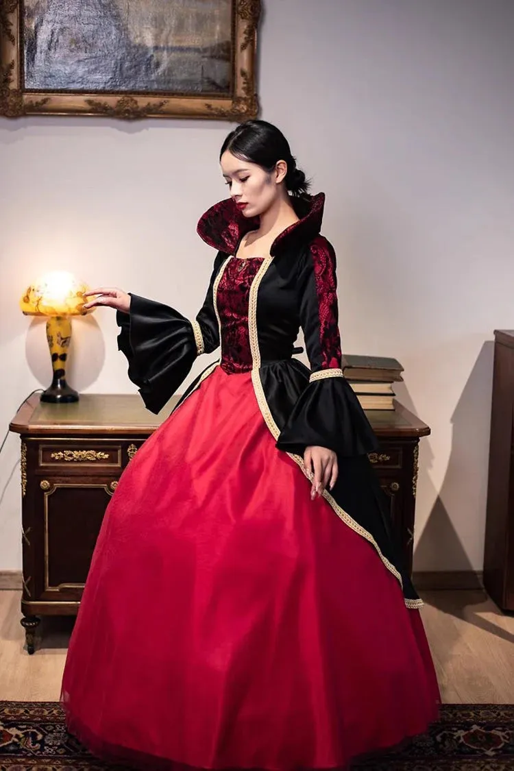 Wine Red Print Medieval Court Gothic Victorian Lolita Dress