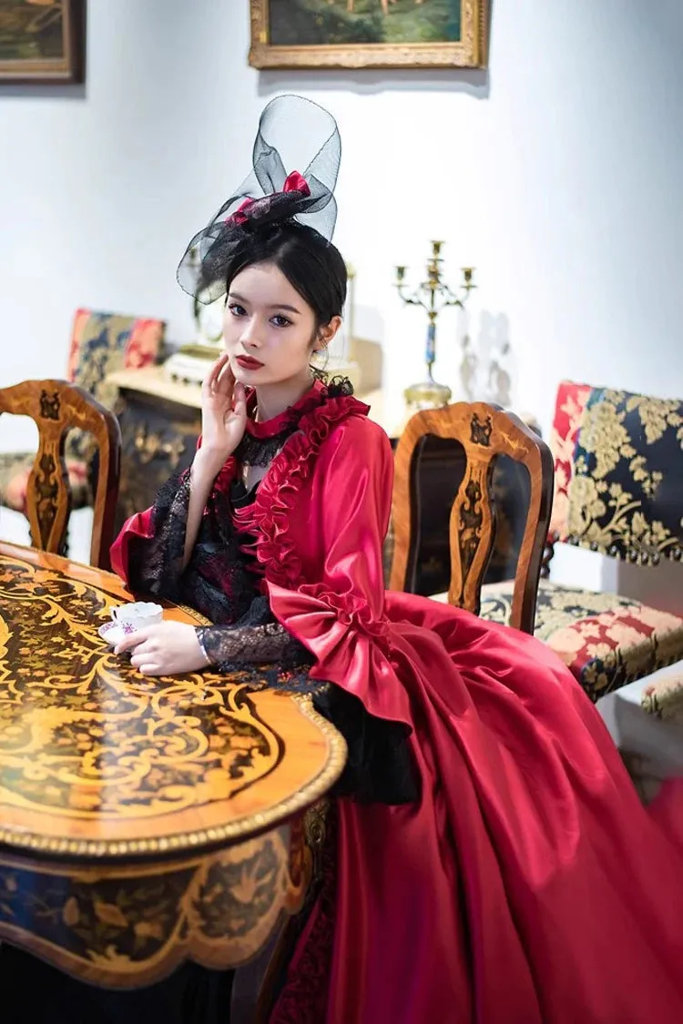 Wine Red Print Medieval Court Rococo Gothic Victorian Lolita Long Dress