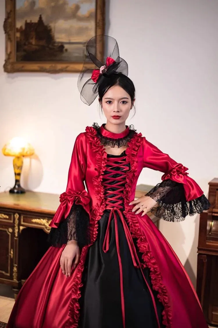 Wine Red Print Medieval Court Rococo Gothic Victorian Lolita Long Dress