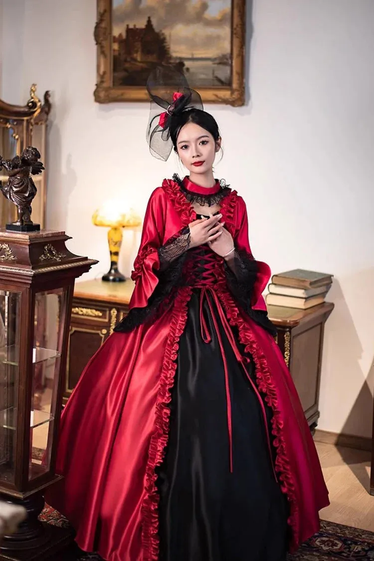 Wine Red Print Medieval Court Rococo Gothic Victorian Lolita Long Dress