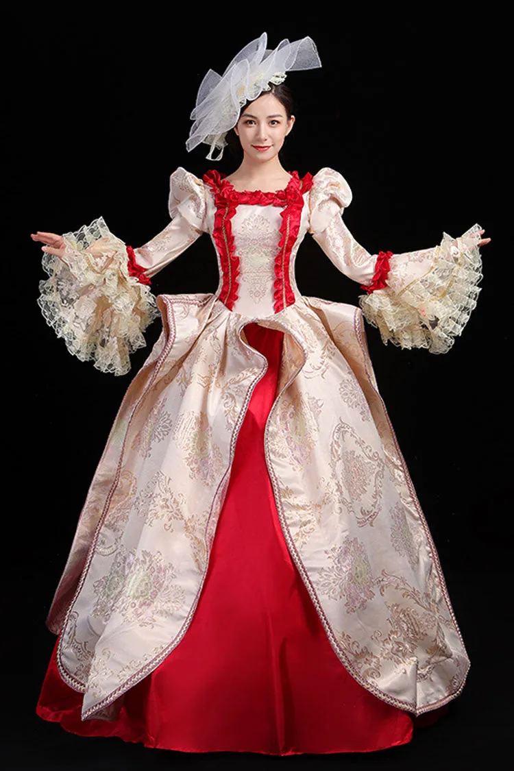 Wine/Golden Stitching Court Style High Waisted Trumpet Sleeves Embroidery Floral Print Victorian Lolita Prom Dress