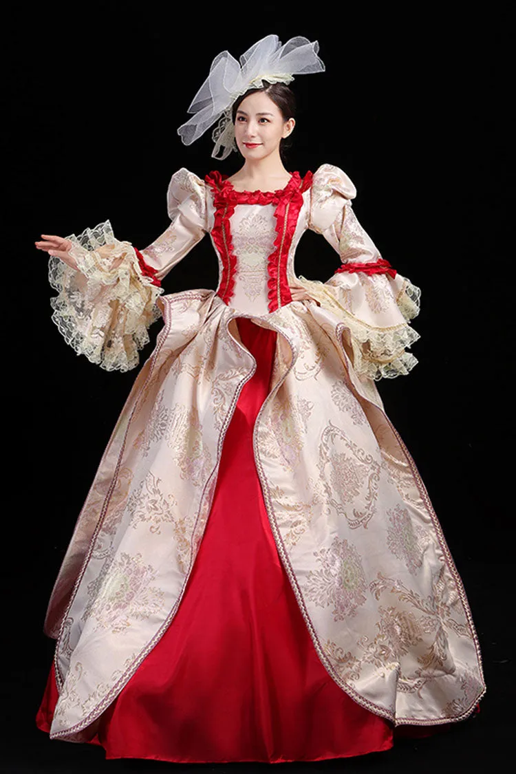 Wine/Golden Stitching Court Style High Waisted Trumpet Sleeves Embroidery Floral Print Victorian Lolita Prom Dress