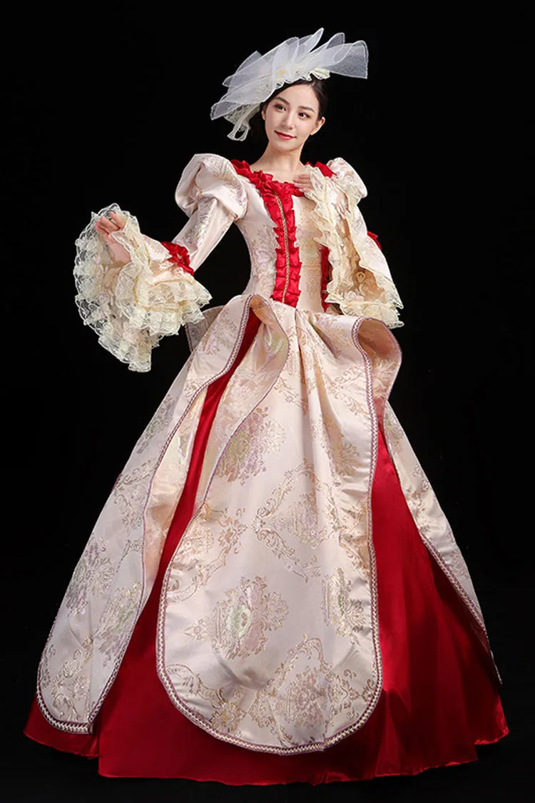 Wine/Golden Stitching Court Style High Waisted Trumpet Sleeves Embroidery Floral Print Victorian Lolita Prom Dress