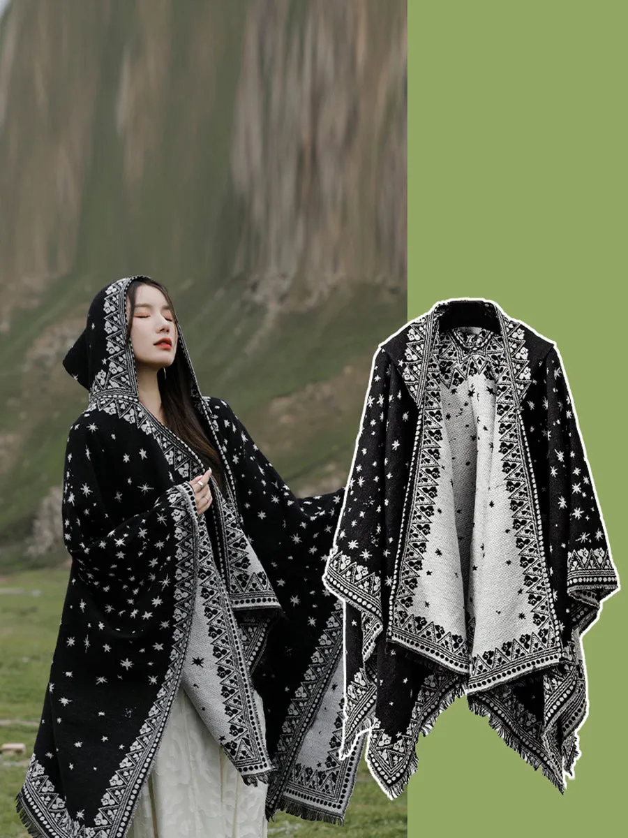 Women Ethnic Star Print Hooded Scarf Shawl