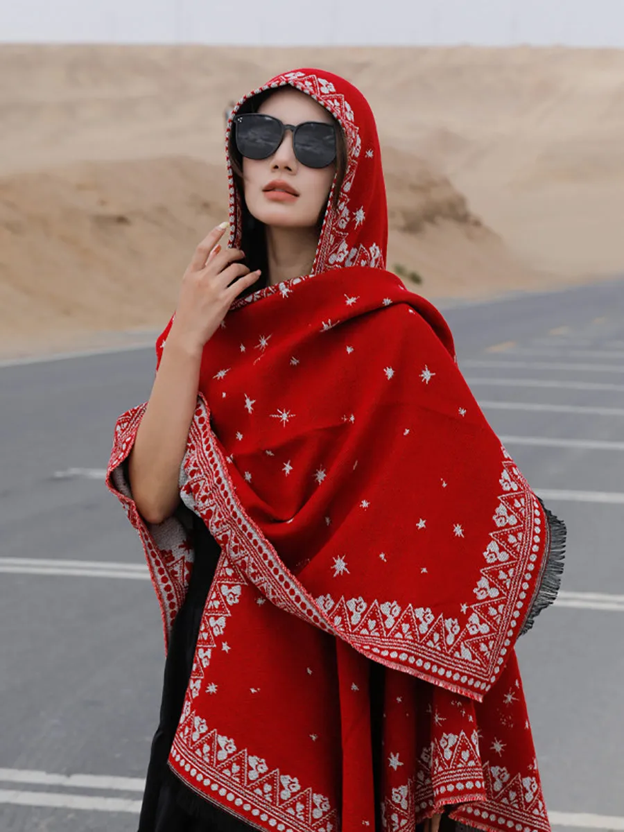 Women Ethnic Star Print Hooded Scarf Shawl