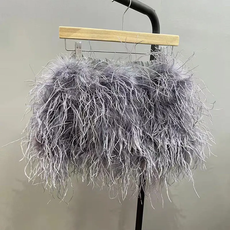 Women Ostrich Feather Top Dress Fur Skirt Bra Boa Set Summer Tube Top Dress Set