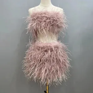 Women Ostrich Feather Top Dress Fur Skirt Bra Boa Set Summer Tube Top Dress Set