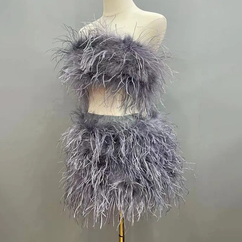 Women Ostrich Feather Top Dress Fur Skirt Bra Boa Set Summer Tube Top Dress Set